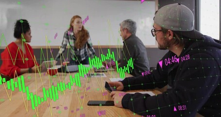 Female presenter placing notebook tablet and creating financial graph overlays in business meeting - Powered by Adobe