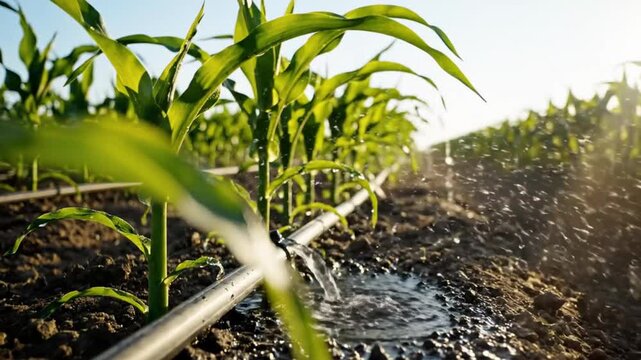 Low angle shot of corn plants being irrigated by a drip irrigation system with sparkling water droplets under a sunny sky