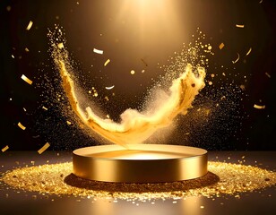 A golden pedestal with abstract particles and confetti in a spotlight