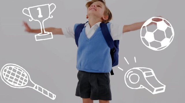 Education student crouching while white sports icons appearing and inspiring jumping