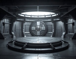 Futuristic circular room with a platform and large metal door