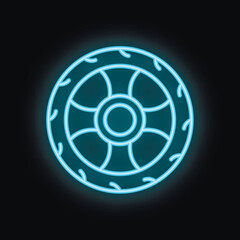Obraz premium Blue glowing neon sign of old wooden wheel with metal cross on black brick wall