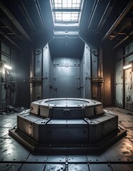 Futuristic, industrial chamber with a circular platform and overhead lighting