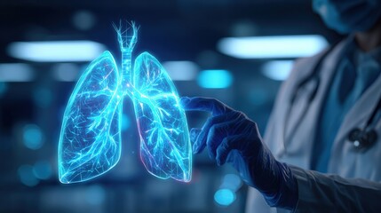 Doctor Analyzing Hologram of Lungs for Tuberculosis Diagnosis