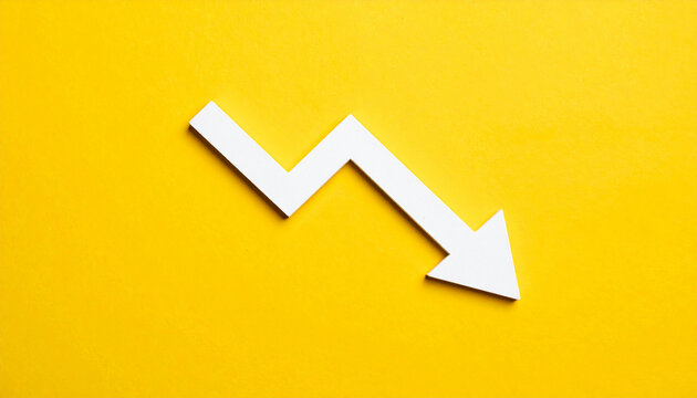 Minimalist white wooden downward arrow on yellow backdrop. Business decline, economic warning