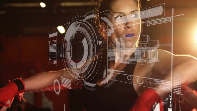 Boxer leaning corner ropes in gym, shielding eye while rim light causing HUD expanding for training