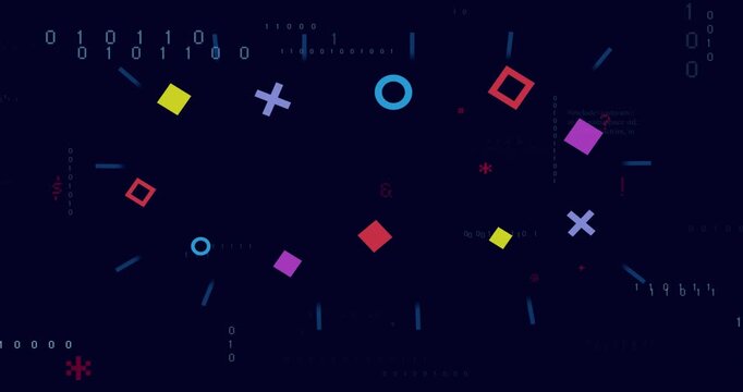 Faint cyan ticks starting motion, colorful shapes orbiting, pulsing over code, showing contrast