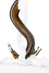 Coffee and Milk Splash Twirl on White Background. Shot Beautiful Studio Lighting Using High Speed Flash Photography