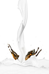 Coffee and Milk Splash Twirl on White Background. Shot Beautiful Studio Lighting Using High Speed Flash Photography