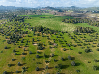 Aerial view, Spain, Balearic Islands, Mallorca, Capdepera, Cuevas de Arta and Platja de Canyamel with golf course, sand bunker, green, golfer