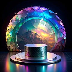 Colorful stage with mountain view and jewel-toned arched backdrop