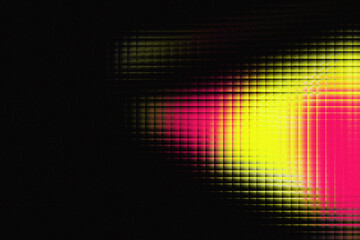 Abstract neon pink and yellow light grid on black background with digital pixel texture. Modern digital data visualization background with vibrant illuminated square grid and copy space