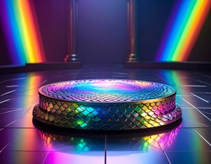 Round, shimmering pedestal with rainbow light beams and pillars
