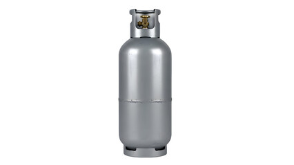 Realistic three dimensional render of a standard silver metal propane gas cylinder with brass valve fitting isolated on transparent background