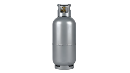 Realistic three dimensional render of a standard silver metal propane gas cylinder with brass valve fitting isolated on transparent background