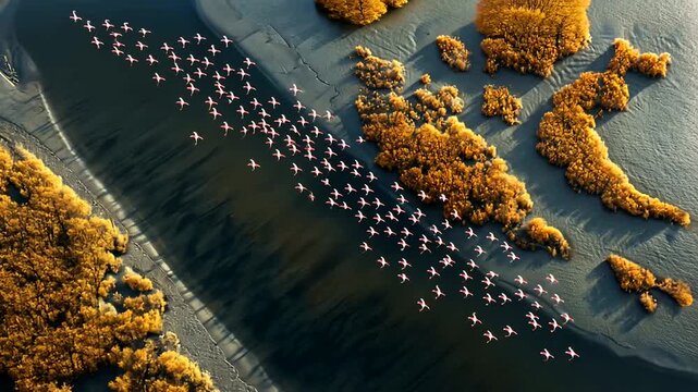 Aerial view of a flock of pink flamingos flying over a dark river beside golden foliage