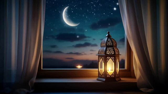 A serene Ramadan lantern on a windowsill under a starry night sky with a crescent moon, cinematic view from inside