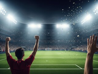 Triumphant soccer player celebrating victory on the field, isolated on white background