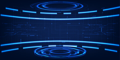 Vector illustrations of Futuristic  digital technology stage with glowing blue pedestal podium stage layout for hi tech showcase.Digital tech concept. © Alleachday