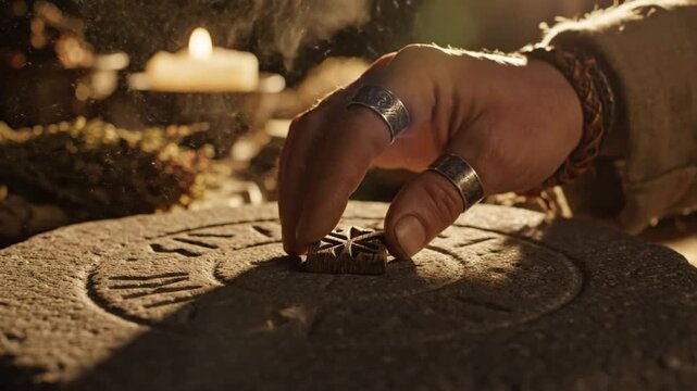 Mystical ritual with wooden rune being placed on ancient stone inscribed with symbols and glowing candle in the background