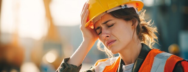 Female construction worker in hard hat experiencing stress at site  