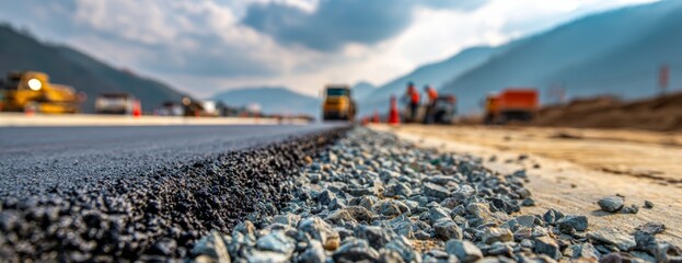 Road construction with machinery and workers on asphalt surface  