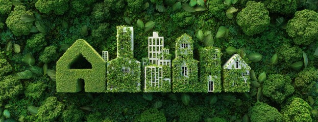 Eco-friendly city skyline made of green buildings and trees  