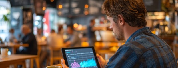 Man working on tablet and analyzing sales data in cafe environment  