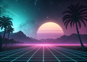 Vaporwave neon sun with palm silhouettes and futuristic grid floor
