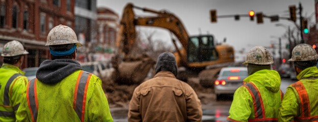 Construction workers observing machinery on urban redevelopment site  