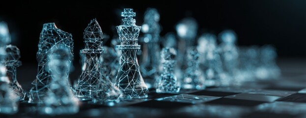 Digital chess pieces arranged on board representing AI strategy in business  