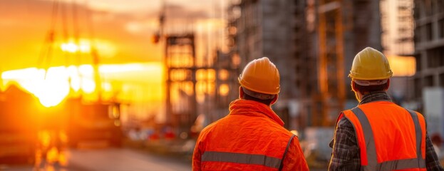 Two construction workers observing sunset at building site  