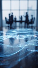 Glowing connections between people in office representing technology, vertical photo