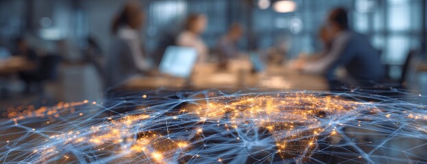 Business meeting with digital network visualization in modern office  