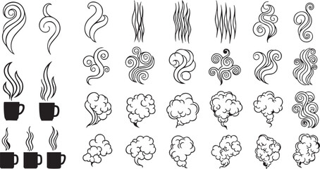 Collection of steaming coffee cups and various swirling smoke designs