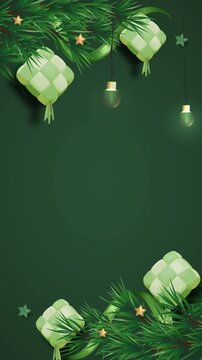 Eid Al-Fitr Greeting Animation with Ketupat, Pine Leaves and Hanging String Lights on  Green Background. Vertical Eid al Fitr 4k Quality Footage Template with Copy Space and Loop
