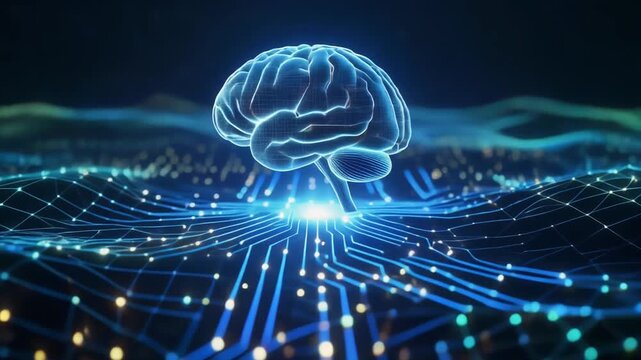 A digital visualization of a brain connected to circuitry, symbolizing artificial intelligence and neural networks.