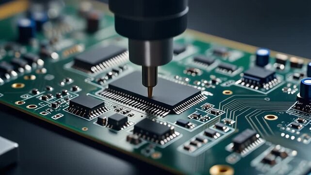 Close-up of a precision tool working on a computer microchip, showcasing advanced technology and electronics.