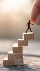 Hand placing miniature figure on wooden blocks representing growth, vertical photo