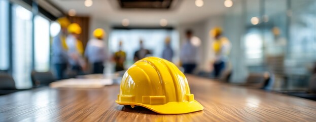 Yellow hard hat on conference table with blurred construction workers  