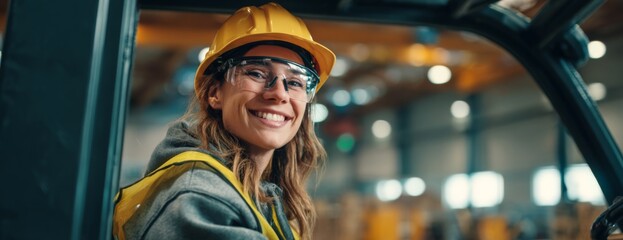 Skilled woman forklift operator wearing safety gear in factory setting  
