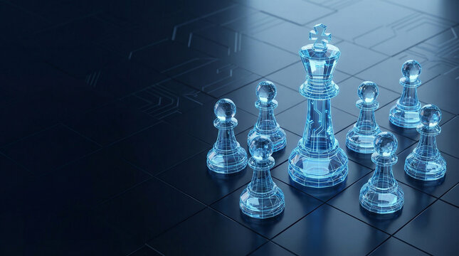 Visionary Business Strategy, Transparent Glass Chess Pieces with Glowing Wireframe Circuits, Futuristic Digital Planning