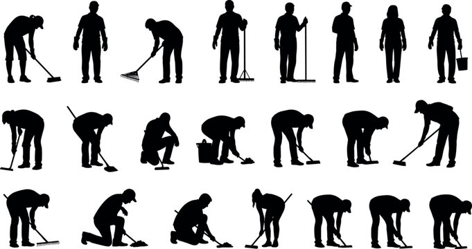 Set of silhouettes representing professional cleaners and janitors performing various maintenance tasks like sweeping raking and mopping for facility management services