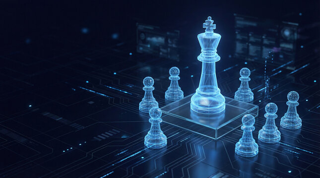 Strategic Business Planning, Futuristic Wireframe Chess Pieces on a Transparent Glass Board, Digital Technology Innovation