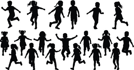 Playing children silhouette collection, boys and girls running jumping playful motion black vector illustration isolated © MDSOBAHAN