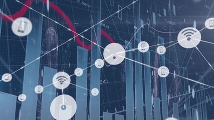 Animation of network of connections with digital icons statistics and data processing - Powered by Adobe
