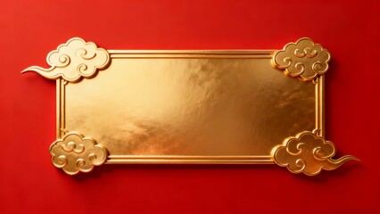 Elegant golden rectangular frame with cloud motifs on a vibrant red background ideal for festive or ceremonial designs.