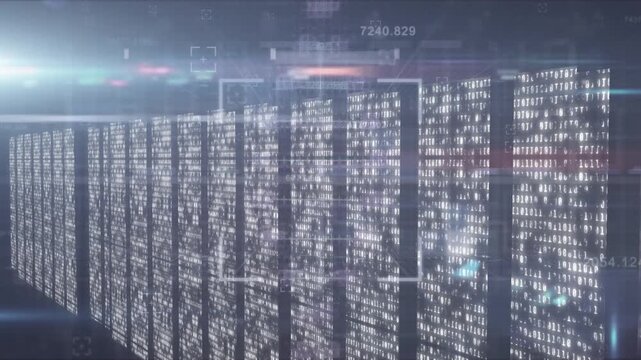 Animation of purple pattern dna strand spinning and data processing over computer servers