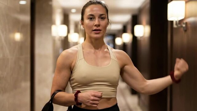 female bodybuilding pose - A woman in a fitness outfit flexes her bicep in a modern hallway, showcasing strength and confidence with a determined expression on her face