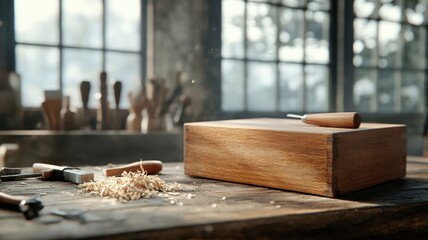 Craftsman's workshop with tools and finished wooden wine box on display.